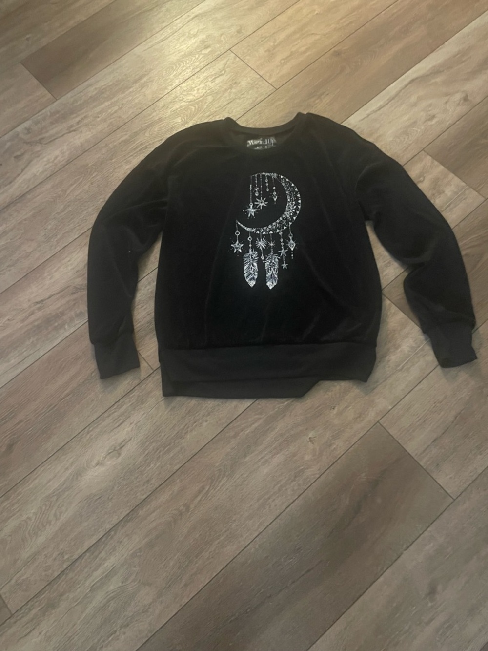 Wound Up Black Crewneck Sweatshirt with Silver Moon & Feathers